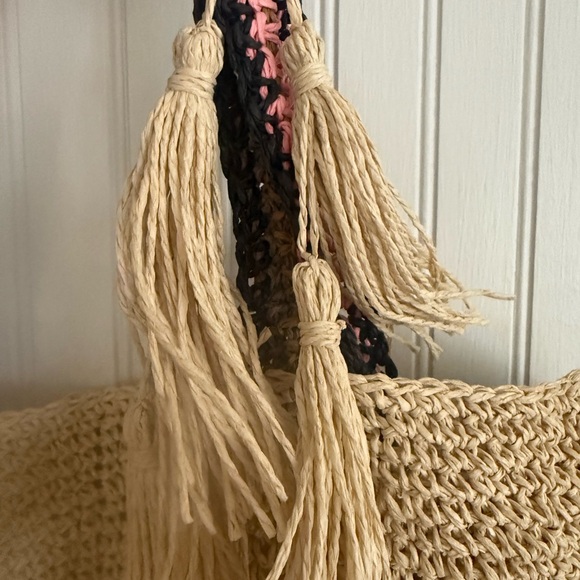 Haute Hippie Bohemian Raffia Large Tote in Tan with Black and Pink Straps - Picture 2 of 4
